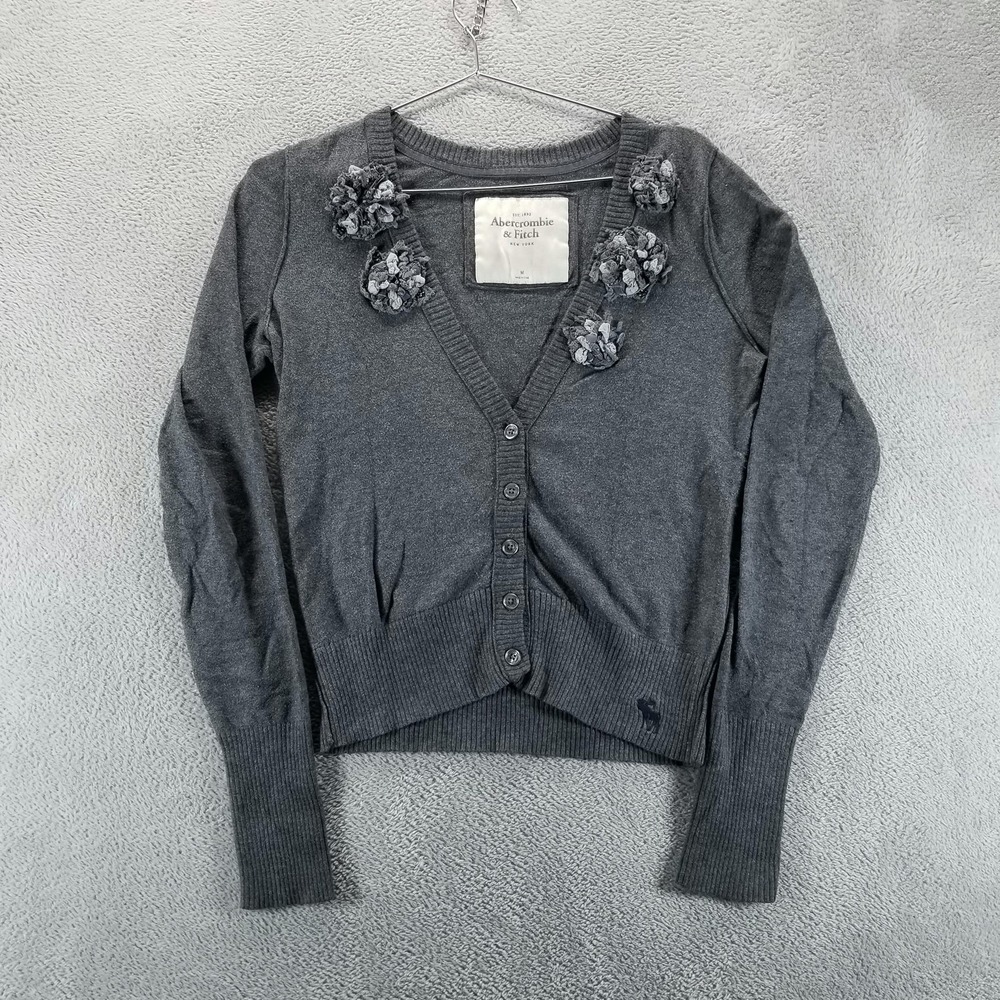 Abercrombie Fitch Sweater‎ Womens M Gray Cardigan Flower Applique Y2K